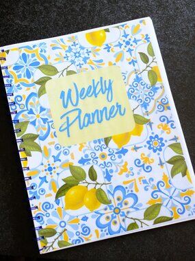 Weekly Planner Bound Notebook, Handmade, Lemon, blue, notes, gift, journal